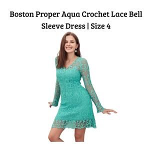 Boston Proper Aqua Crochet Lace A-Line Dress | Bell Sleeve Mint Seafoam | Size 4